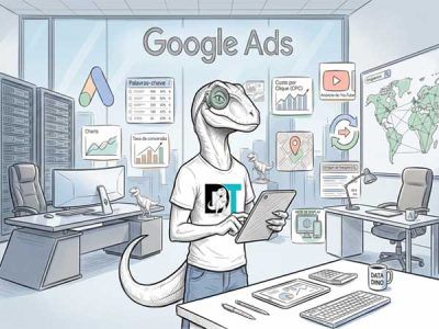 Ilustração técnica de um dinossauro analista segurando um tablet em um escritório cercado por métricas, servidores e o título "Google Ads" — referente aos artigos de blog da Dinossauro do Tráfego.