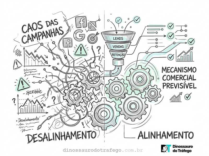 Infográfico conceitual comparando o desalinhamento caótico de campanhas com fios soltos e queda de métricas ao alinhamento de um mecanismo comercial previsível com funil de vendas e engrenagens coordenadas.