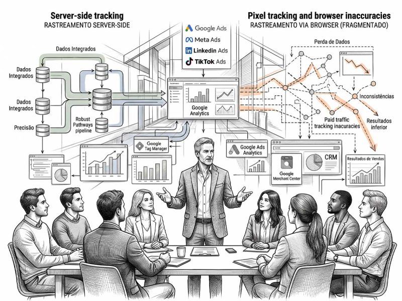 Infográfico ilustrado de consultoria Google Ads técnica comparando rastreamento Server-Side integrado a rastreamento fragmentado via browser para equipe executiva em sala de reunião.