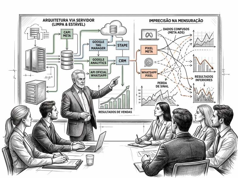 Infográfico ilustrado de consultoria Meta Ads técnica comparando arquitetura via servidor estável a imprecisões na mensuração do Meta Ads para equipe corporativa em sala de reunião.