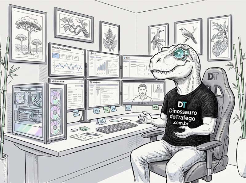 Ilustração em sketch do T-Rex em consultoria com um cliente, gesticulando e sentado em sua cadeira gamer em frente a seis monitores com relatórios de SEO, GTM, Google Search Console, GA4 e Rank Math. | Consultorias Dinossauro do Tráfego