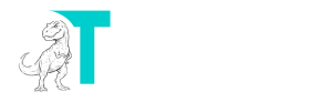 Logotipo com as letras D em branco e T em verde, e um tiranossauro rex à frente das letras. no lado esquerdo. Do lado direito superior o nome "Dinossauro" e abaixo dele abaixo "do Tráfego".