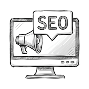 Ilustração de um monitor em estilo sketch design com um megafone na tela e um balão saindo escrito "SEO" (otimização para mecanismos de busca). | Consultoria em SEO