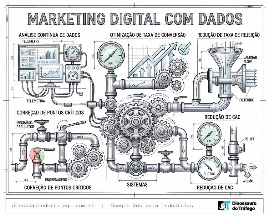 Diagrama técnico de engenharia simulando um sistema hidráulico e mecânico para otimização de marketing digital sob o título "MARKETING DIGITAL COM DADOS", referindo ao marketing industrial.