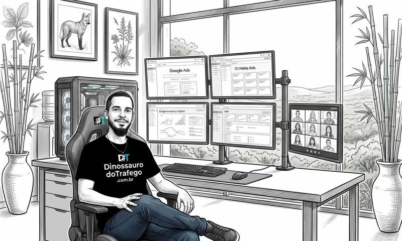 Ilustração em sketch do especialista em tráfego pago em estação multitelas de relatórios e videochamada de mentoria em sala panorâmica com vista para o Cerrado.