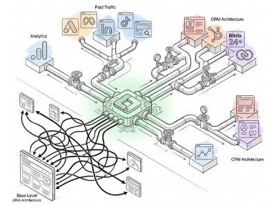 Diagrama isométrico de arquitetura de rastreamento server-side conectando a base web caótica a um servidor central com tubulações estruturadas para Google Analytics, Tráfego Pago e CRM. | Local da imagem: Traqueamento Avançado de Dados – menu de navegação